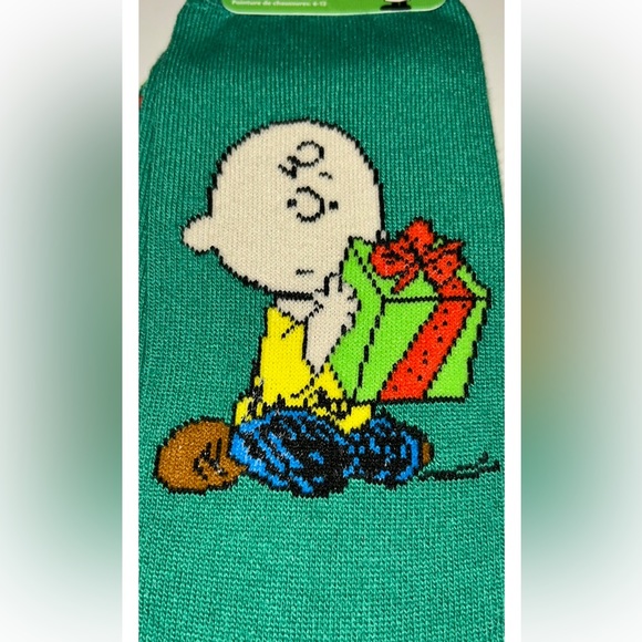 Peanuts Charlie Brown Snoopy Woodstock Crew Socks 1Pair Men 6-12 Green Christmas - Picture 5 of 11